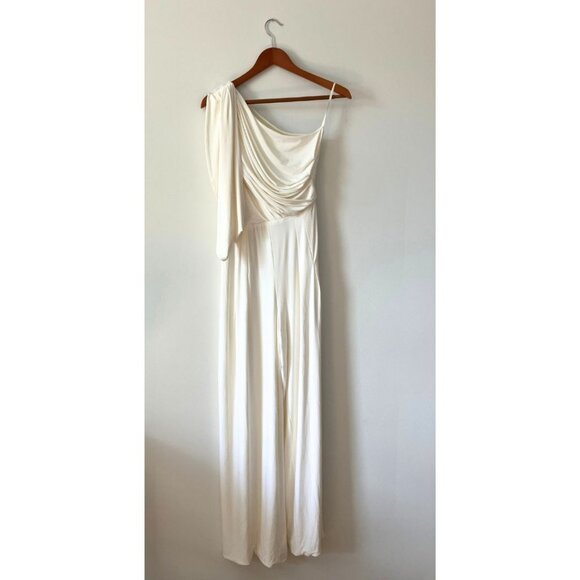 Rhea Costa One-shoulder Draped Jersey Wide-Leg Jumpsuit Ivory Size Large - Picture 4 of 9
